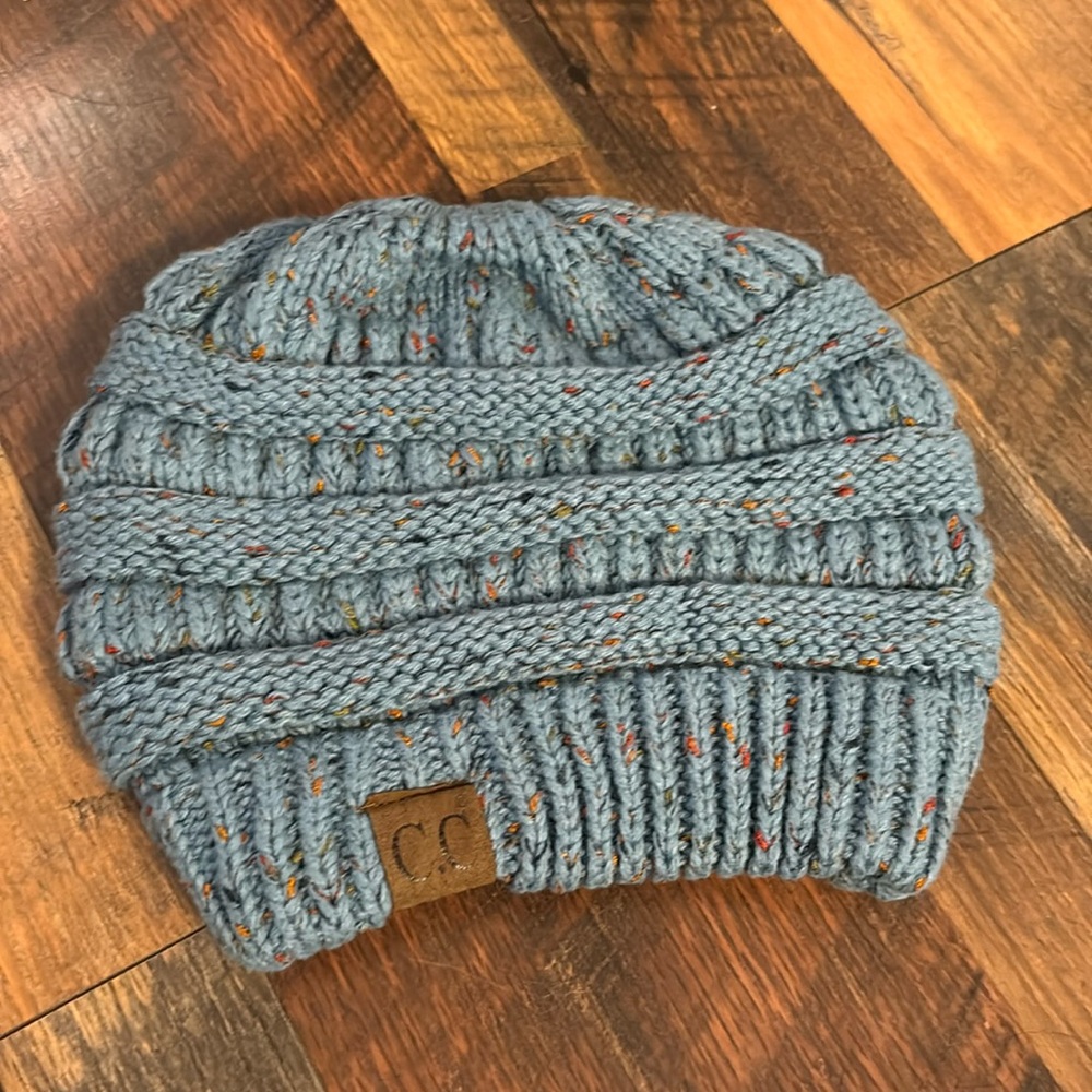 C.C blue with speckled ponytail beanie